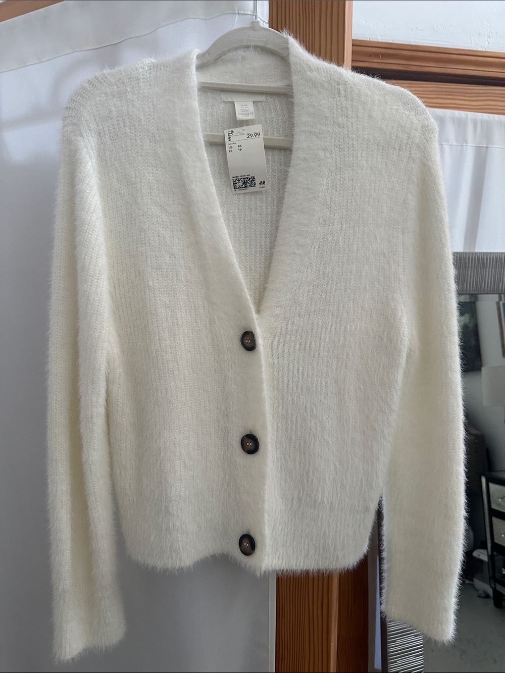 H&M Off-White Fuzzy V-Neck Button Cardigan